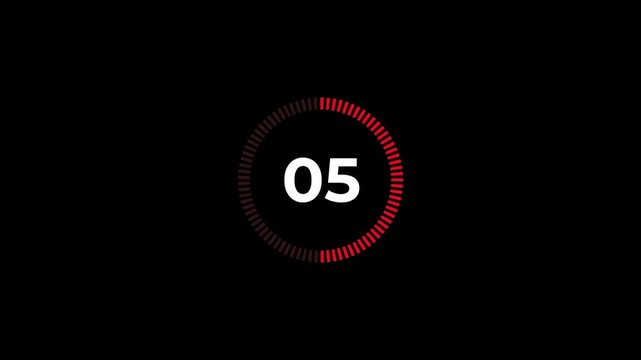 Simple animation of 10 seconds countdown timer with dashed circle on black background.4k video