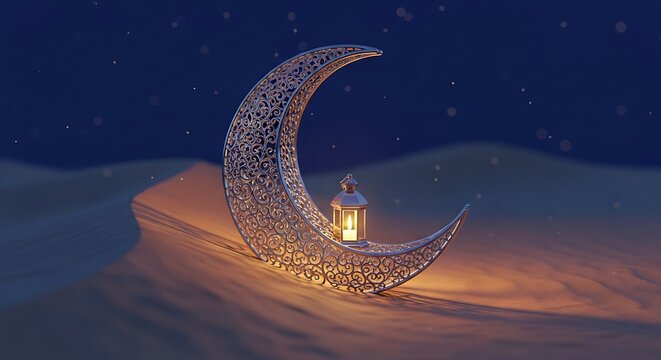 Ramadan crescent moon with glowing lantern, ornate silver moon in desert dunes, Islamic holiday greeting background