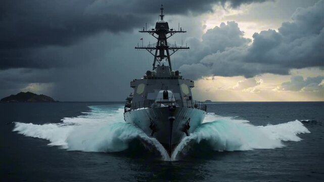 iran war maritime security concept, powerful warship silhouette against stormy gulf horizon, high contrast lighting, impactful commercial news illustration, Silhouetted warship cuts through stormy sea