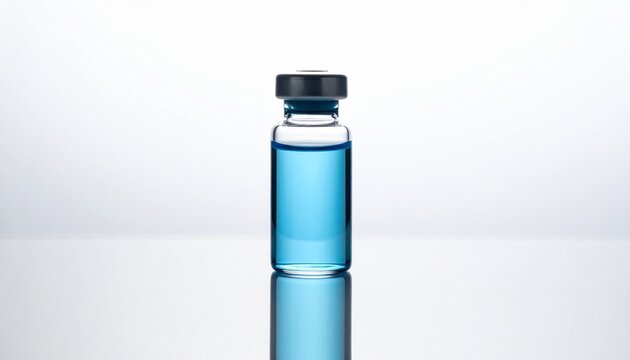 A small glass vial with blue liquid, standing upright, with reflective surface