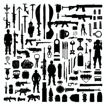 Collection of Weapons and Military Equipment Silhouettes.