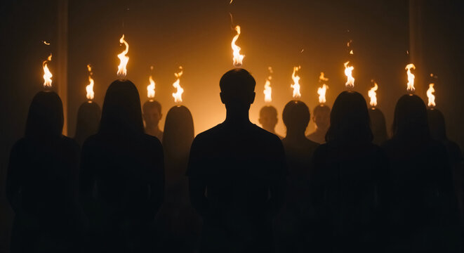Silhouettes of people with flames on their heads. Spiritual concept of the Holy Spirit and divine inspiration. Religious group in a dark setting with glowing fire. Biblical pentecost theme