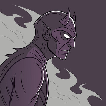 Side profile of a mysterious purple horned demon creature with glowing eyes emerging from smoke dark fantasy creature mysterious mythical folklore sinister menacing headshot illustration