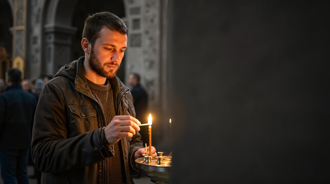 Man lighting a candle in a church. Religious ritual and faith concept. Young man praying in an orthodox cathedral