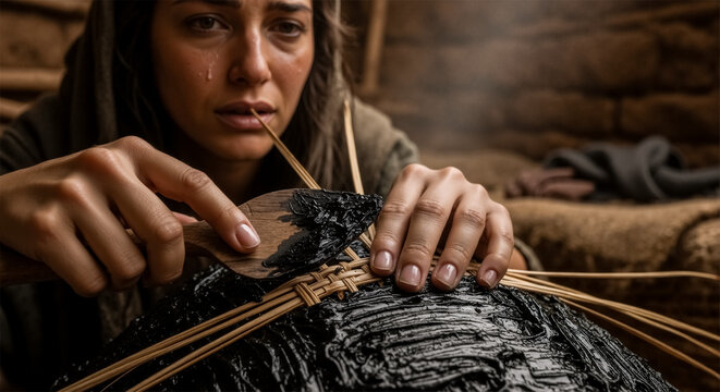 Woman applying pitch to a woven reed basket. Biblical scene of Moses' mother preparing the ark. Religious history concept of Jochebed and baby Moses. Close up of hands sealing a basket with bitumen