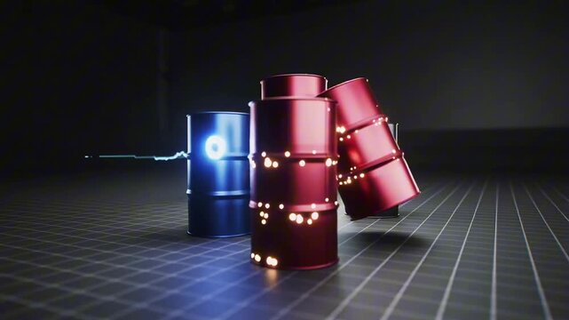 A cinematic 3D scene oil barrels standing row, unique color size, black, blue, green red. Each barrel different energy sector. Transparent holographic financial charts trading graphs rise barrel, glow