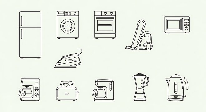 A collection of simple line art illustrations depicting common household appliances
