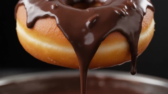 Close-up of a glazed donut being dipped into a luscious pool of melted chocolate, with sweet syrup dripping tantalizingly