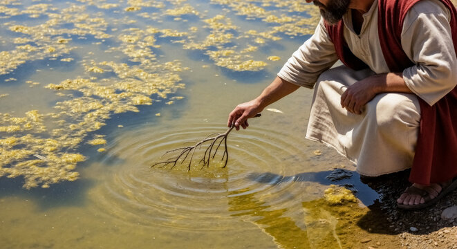 Biblical man dipping a branch into stagnant water. Miracle of Marah from the book of Exodus. Moses purifying bitter water with wood. Religious history and faith concept