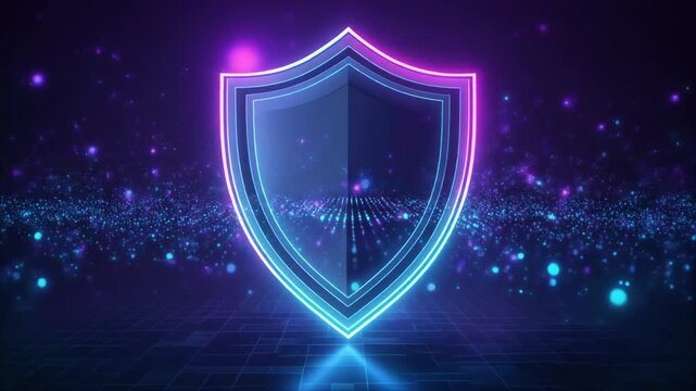 Dynamic neon light shield symbol radiating futuristic digital security and robust network protection amidst a vibrant abstract data stream environment