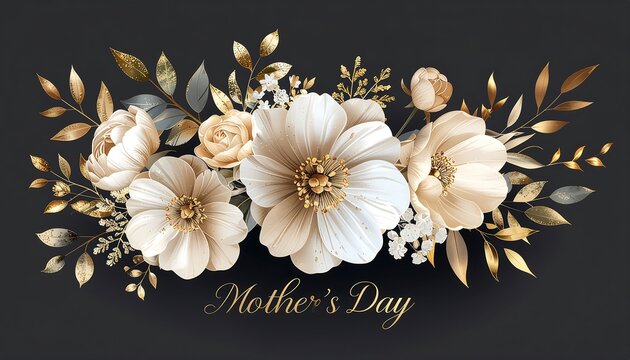 "Mother's Day" text with elegant golden and white flowers border. AI Generative