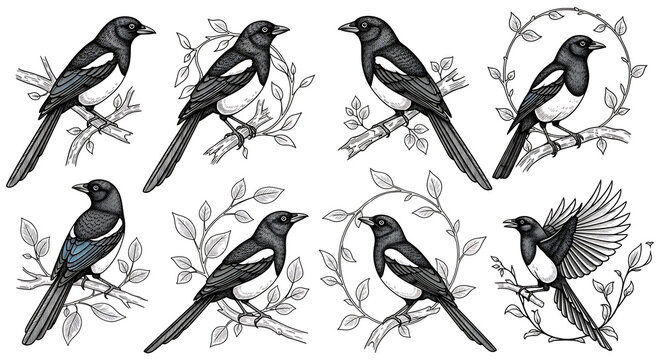 Black and white bird illustrations, 7 magpie designs, wildlife clip art, bird set, monochrome animal graphics