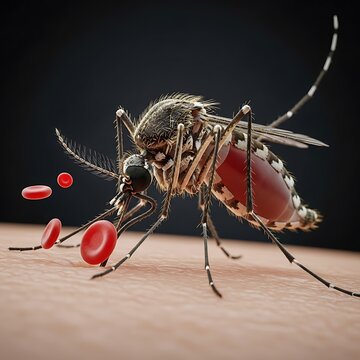 Mosquito sucking blood from human skin with red blood cells