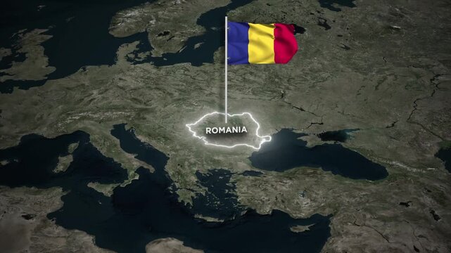 Romania Map Animation with 3D Waving of Romania National Flag and Glowing Border Animation on World Map