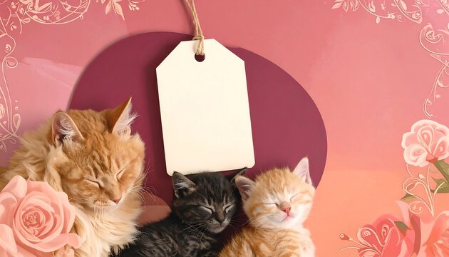 Three adorable cats and kittens peacefully sleep with roses and a tag. AI Generative