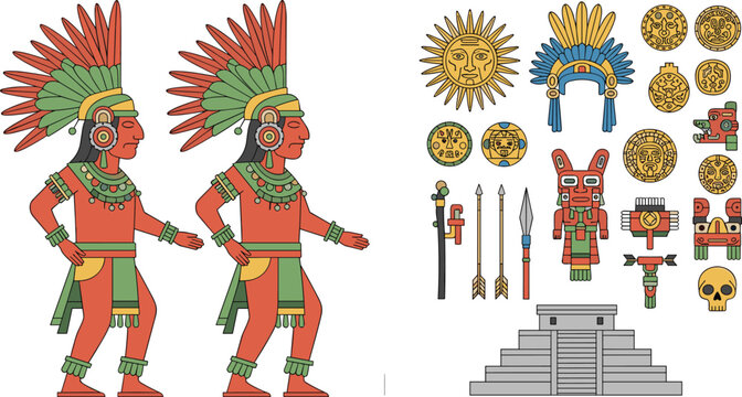 Aztec Civilization Icon Set with Ancient Warrior Character Headdress Symbols Temple Artifacts and Tribal Culture Elements for Historical Vector Illustration