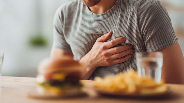 Man holding chest after eating fast food, concept of heartburn, indigestion and unhealthy diet with burger and fries in foreground.