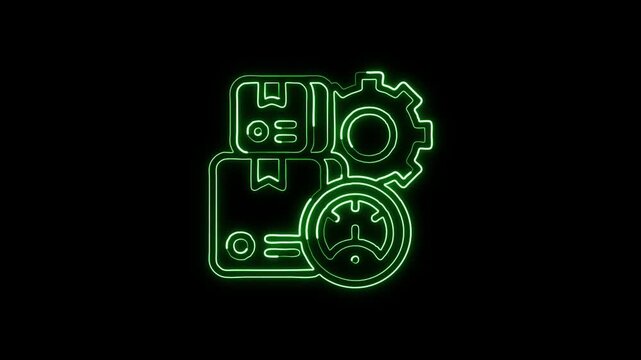 Glowing neon line logistics icon with moving delivery truck animation. Transport logistics animation HD video isolated on black background