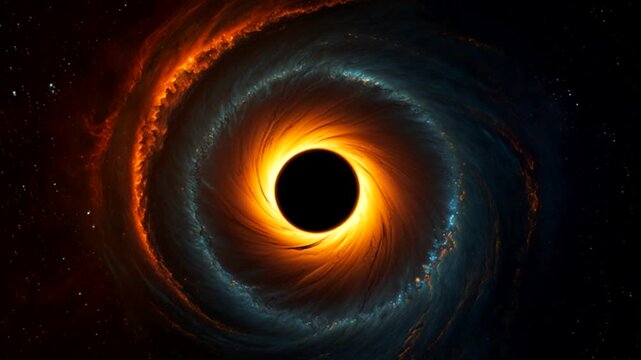 A very bright and luminous accretion disk. Swirls of cosmic gas and dust are seen forming a spiral pattern with sharp contrasts between orange and blue.