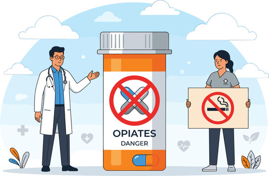 Doctor and nurse warning about opiates addiction with prohibited sign medical awareness flat vector illustration for healthcare campaign