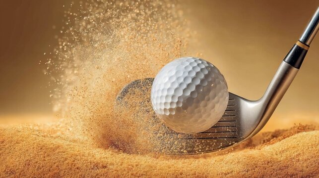 Golf Club Striking a Ball in Sand Bunker with Sand Particles Flying Up