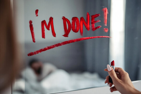 the word I'M DONE! written manically in red lipstick with a thick underline on a bedroom mirror, a man is sleeping and is reflected - adultary concept