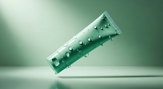 A sleek, light green cosmetic tube, possibly for skincare or beauty products, positioned diagonally with numerous glistening water droplets adhering to its surface, creating a fresh and hydrating aest