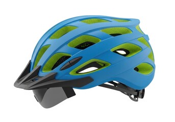 Fototapeta premium Blue bicycle helmet with visor isolated on white background