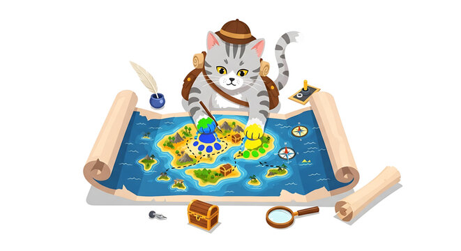 A curious cartoon cat in a hat and backpack studies a colorful treasure map with a magnifying glass and quill pen nearby.
