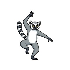 Fototapeta premium A cute cartoon lemur with a striped tail and distinctive black and white facial markings stands upright and waves