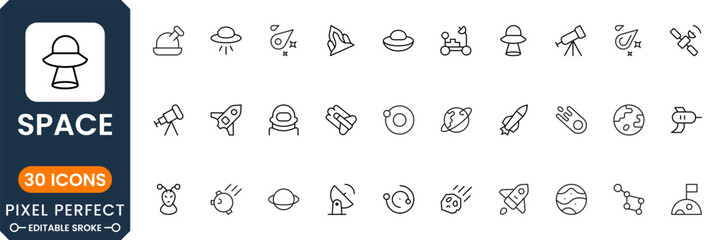 Space icon set featuring planets, stars, rockets, astronauts, galaxy elements, universe exploration, cosmic science and astronomy symbols © Amna's Studio