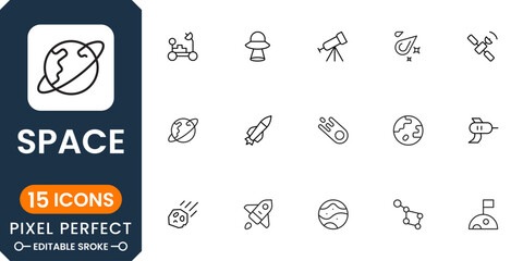 Modern space icons with planets, rockets, astronauts, satellites, galaxy objects, cosmic exploration and astronomy science elements © Amna's Studio
