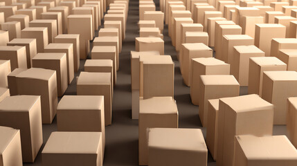 Fototapeta premium Aerial view of numerous identical cardboard boxes arranged in neat rows, representing logistics, distribution, and commerce.