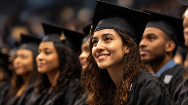 multiethnic students sit during the graduation ceremony, wearing black gowns and caps 