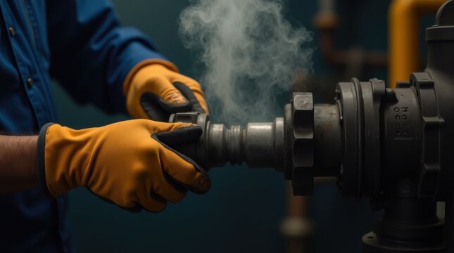 Industrial worker hand in protective glove turn valve with steam release. Focus on safety, machine operation, dark background, warm light 
