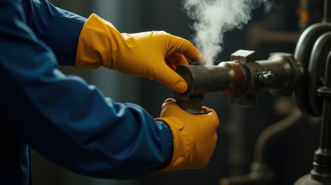 Industrial worker hand in protective glove turn valve with steam release. Focus on safety, machine operation, dark background, warm light 
