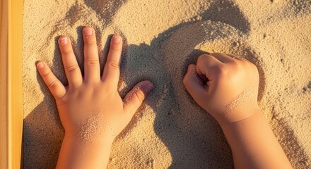 Plakat child playing in sandbox with sunlight casting shadows on sand surface