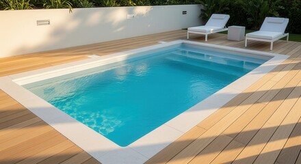 Naklejka premium modern backyard pool with wooden deck and lounge chairs under sunny sky for relaxation