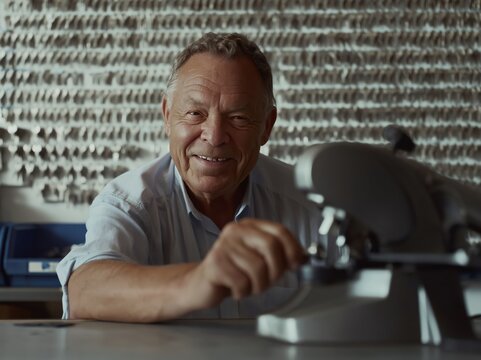 Smiling locksmith works on a key cutting machine with many keys in the background