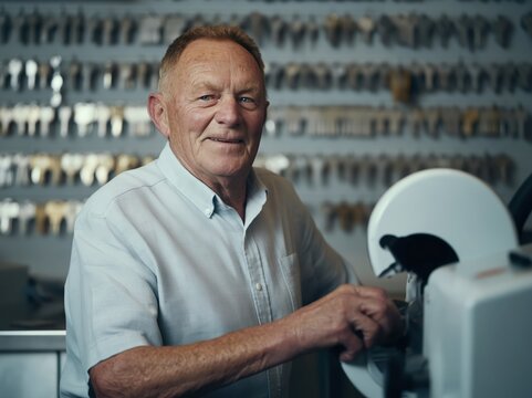 Experienced locksmith smiles while working with a key cutting machine in his shop