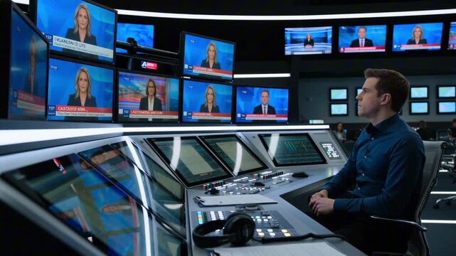 Ultra-realistic TV studio control room, male operator professional attire managing live news broadcast, switching channel feeds, adjusting audio, multiple studio screens anchors graphics, ambient LED