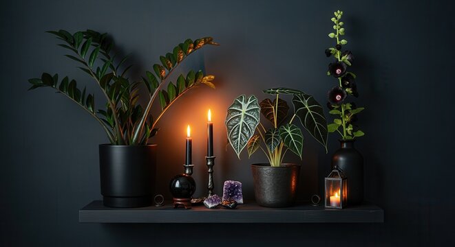 cozy indoor plants on shelf with candlelight creating warm ambient in dark room