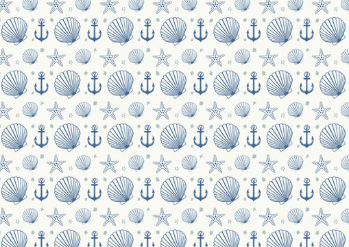 Patr&oacute;n sin costuras con conchas y estrellas en estilo lineal azul claro.
