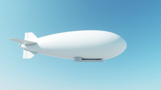 White blimp floats across clear blue sky. Modern airship offers blank space for advertising and marketing messages. Future of flight and travel. 
