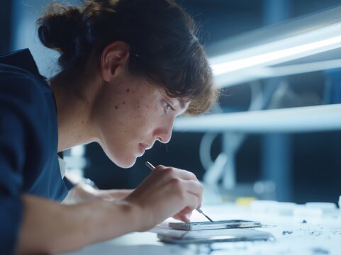 Focused technician meticulously repairs a smartphone with precision tools in a bright laboratory setting
