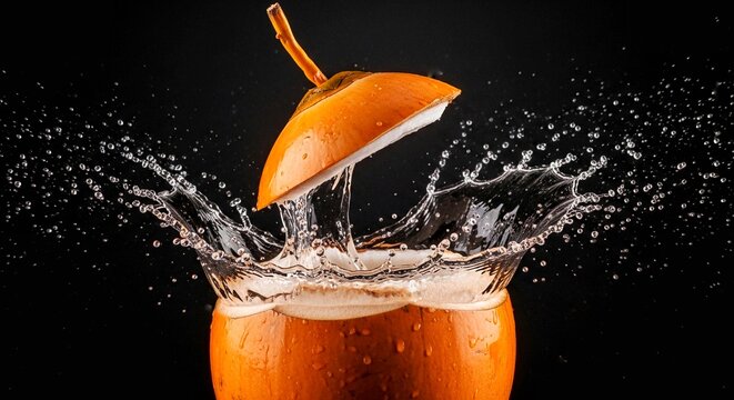 Fresh King Coconut Splitting with Water Splash on Black Background