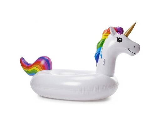Inflatable unicorn pool float isolated on white background