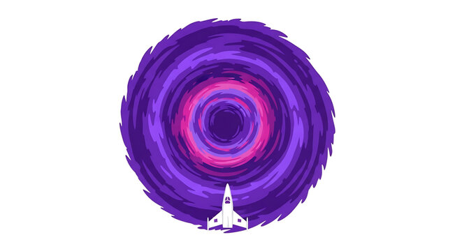 A vibrant purple and pink swirling vortex illustration with a white rocket ship blasting off into space