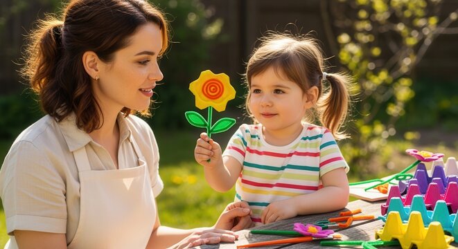 young mother and daughter crafting paper flowers together in sunny backyard garden
