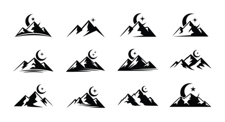 Fototapeta premium Collection of black mountain silhouettes with crescent moons and stars